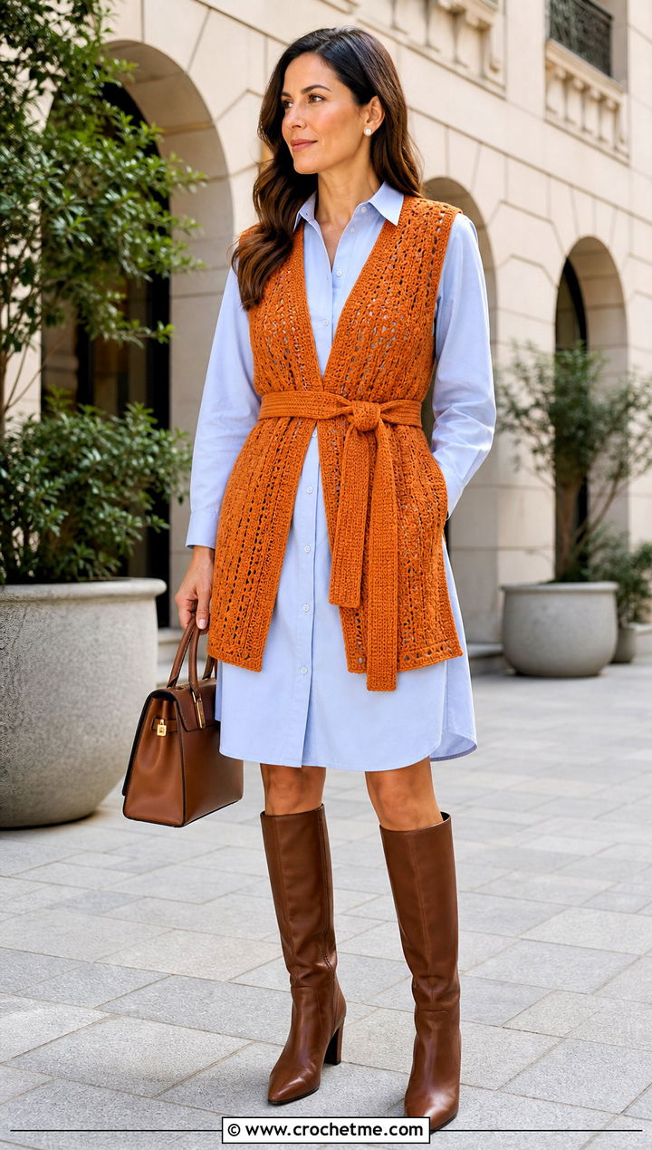 Belted Crochet Sleeveless Vest With Poplin Shirt Dress - 35 crochet sleeveless vest outfit ideas