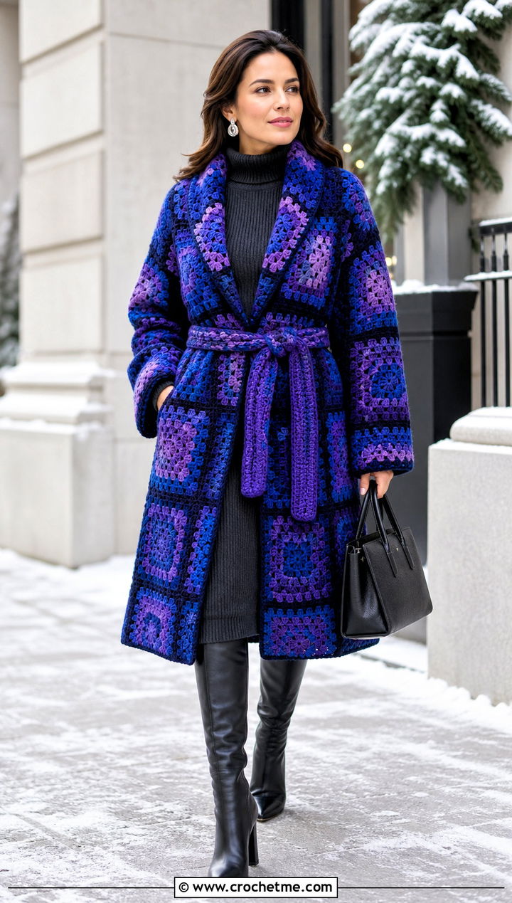 Belted Crochet Square Coat With Knit Dress - 30 crochet square jacket outfit ideas