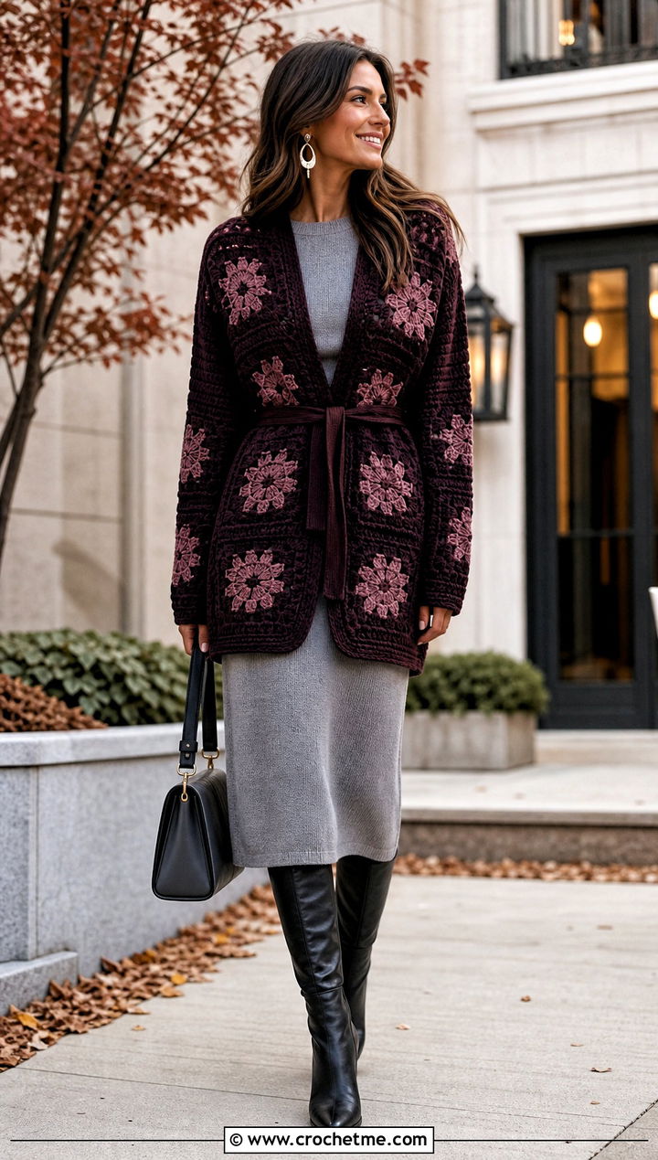Belted Crochet Star Granny Square Cardigan With Knit Dress - 25 Crochet Star Granny Square Cardigan outfit ideas