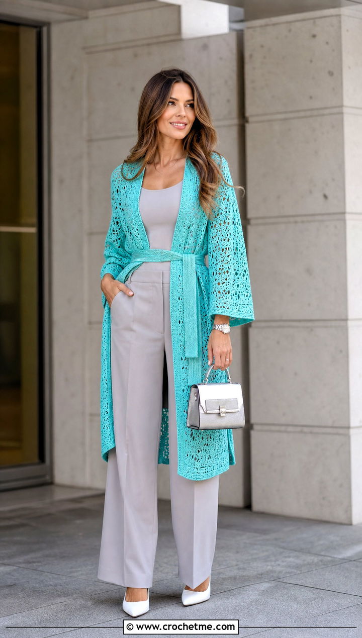 Belted Crochet Summer Kimono With Tailored Trousers - 30 crochet summer kimono outfit ideas