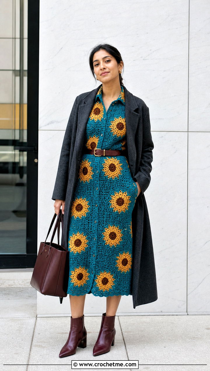 Belted Crochet Sunflower Shirt Dress With Ankle Boots - 35 crochet sunflower dress outfit ideas