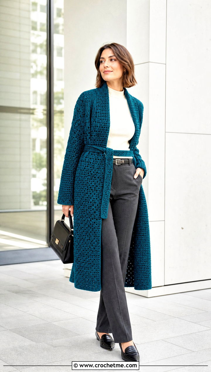Belted Crochet Sweater Blanket With Tailored Trousers - 25 crochet sweater blanket outfit ideas