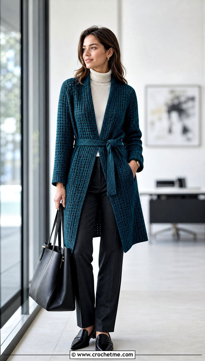 Belted Crochet Sweater Coat With A Turtleneck And Trousers - 20 Crochet Sweater Coat outfit ideas