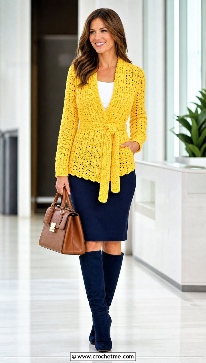 Belted Crochet Sweater Wrap With Pencil Skirt - 30 crochet sweater wrap outfit ideas