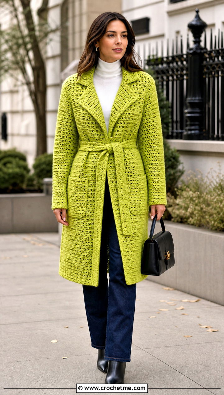 Belted Crochet Trench Coat With Straight Jeans - 15 crochet vest coats & jackets outfit ideas