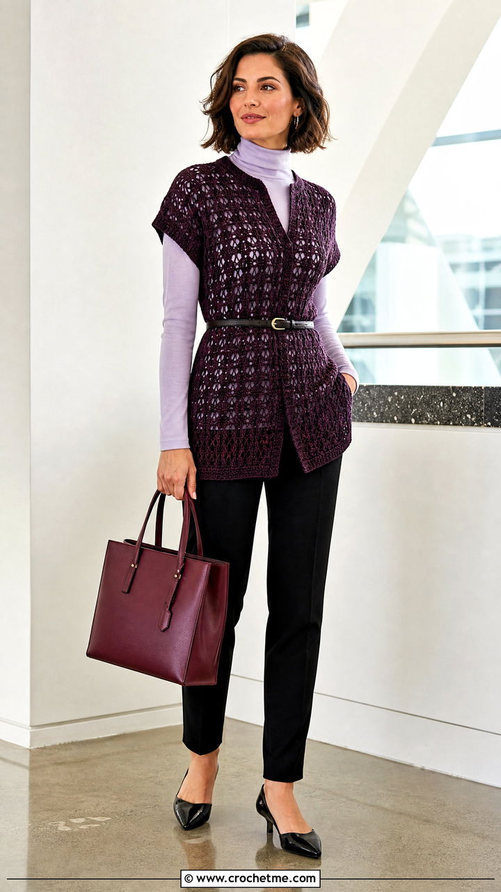 Belted Crochet Tunic With Cigarette Pants - 35 crochet tunic outfit ideas