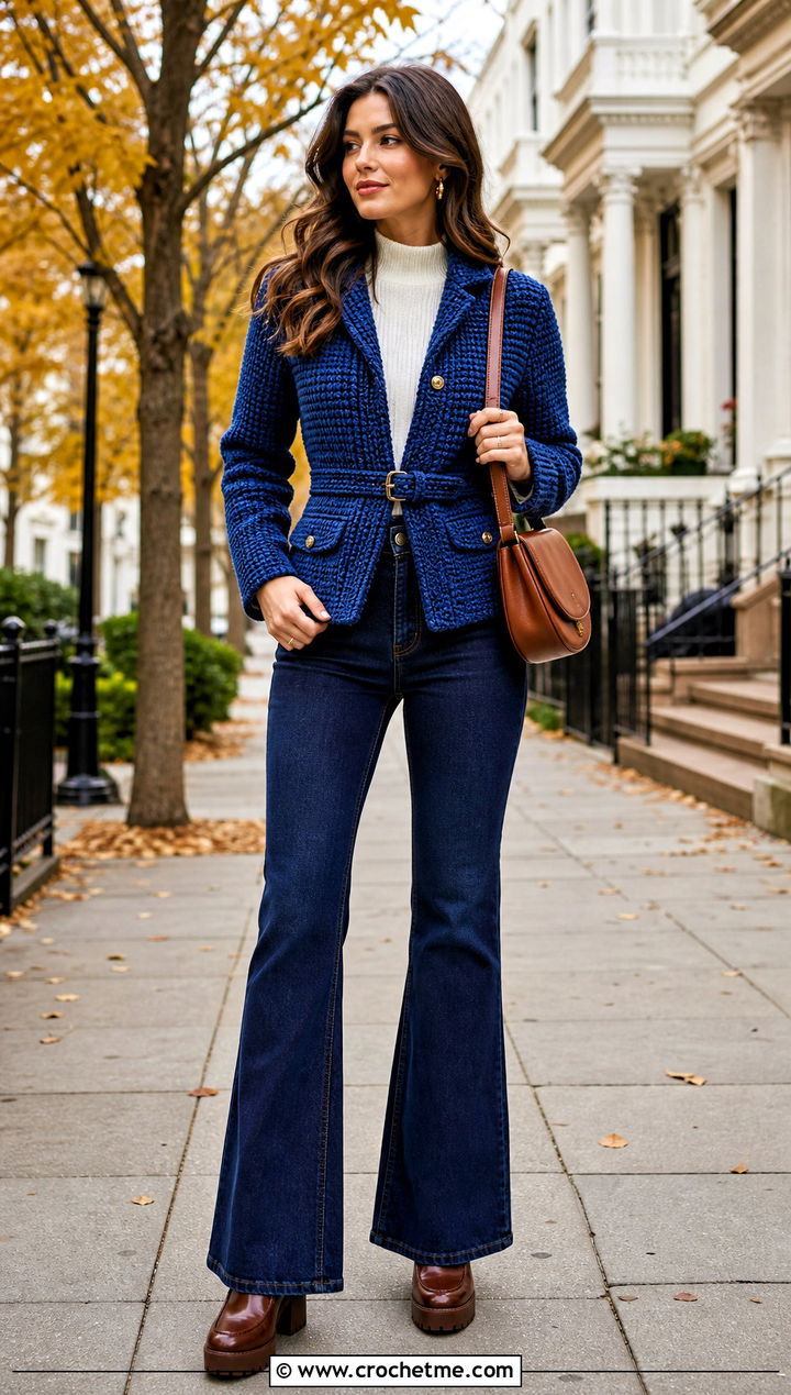 Belted Crochet Tweed Jacket With Flared Jeans - 30 crochet tweed jacket outfit ideas
