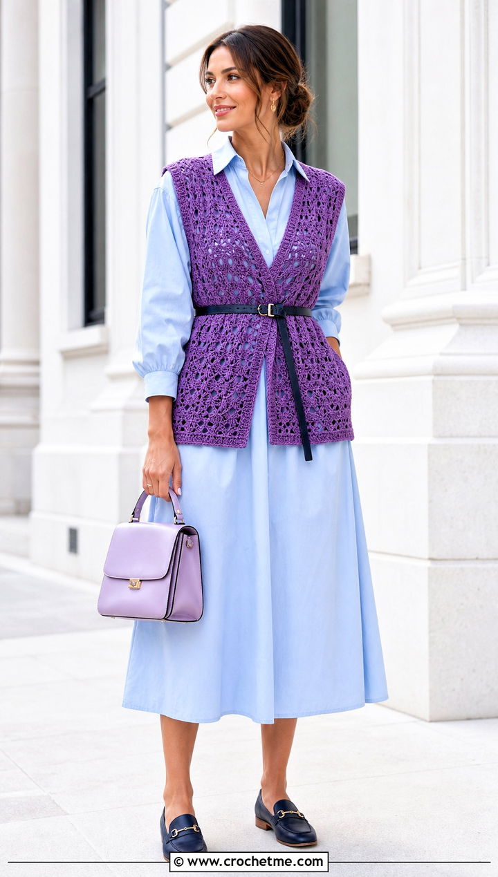Belted Crochet V Neck Vest Over A Shirt Dress - 30 crochet v neck vest outfit ideas