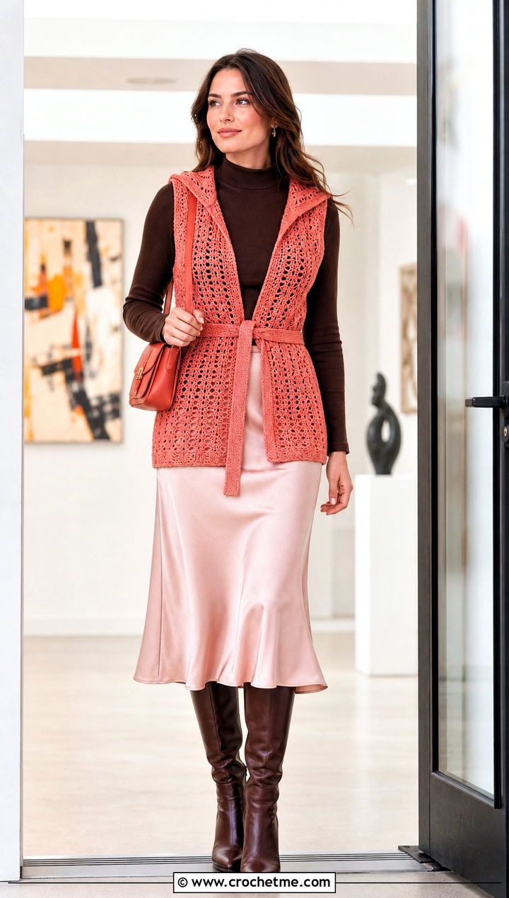 Belted Crochet Vest With Hood And Satin Skirt - 30 crochet vest with hood outfit ideas