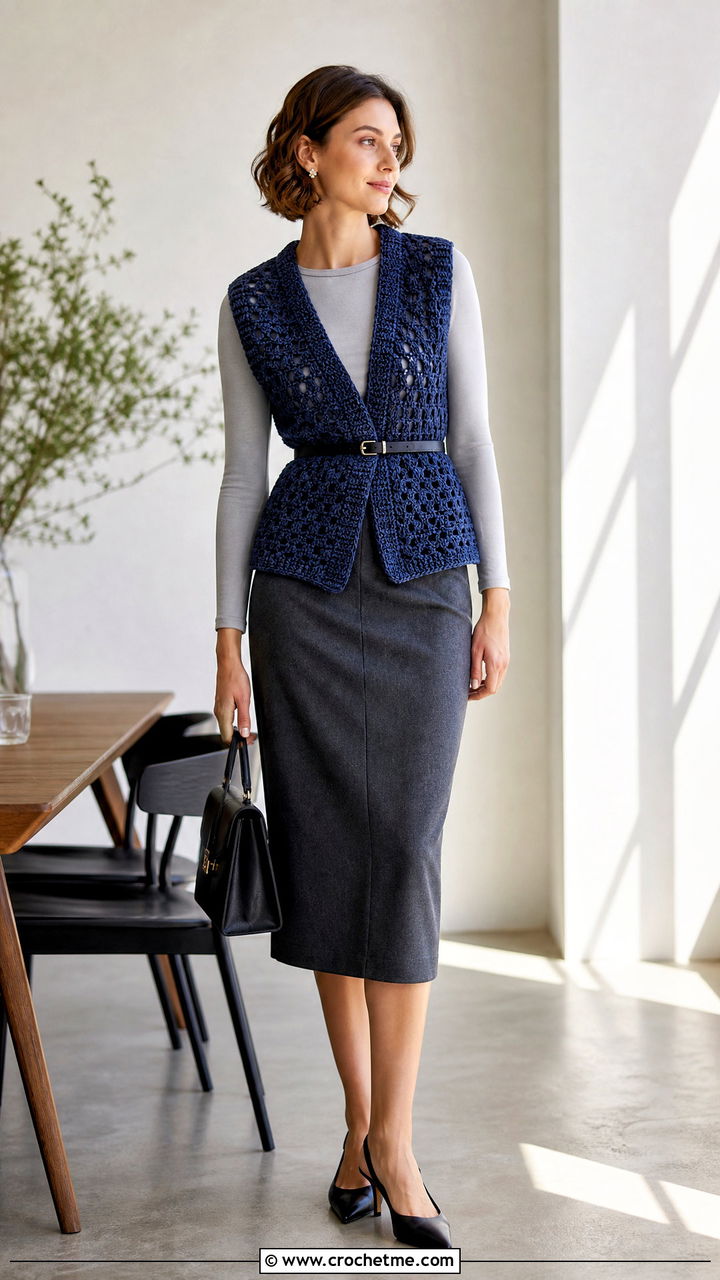 Belted Crochet Vest With a Pencil Skirt - 35 boho crochet vest outfit ideas