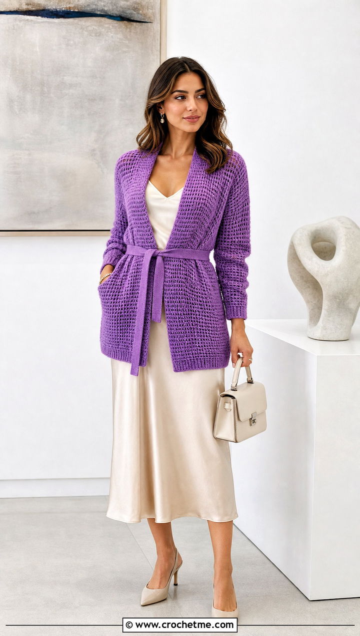Belted Crochet Waffle Stitch Cardigan With Satin Midi Skirt - 25 crochet waffle stitch cardigan outfit ideas