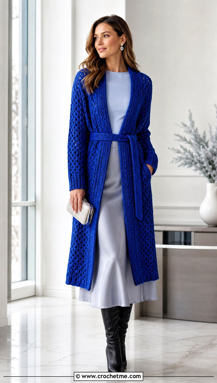 Belted Crochet Winter Cardigan With A Satin Midi Skirt - 25 crochet winter cardigan outfit ideas