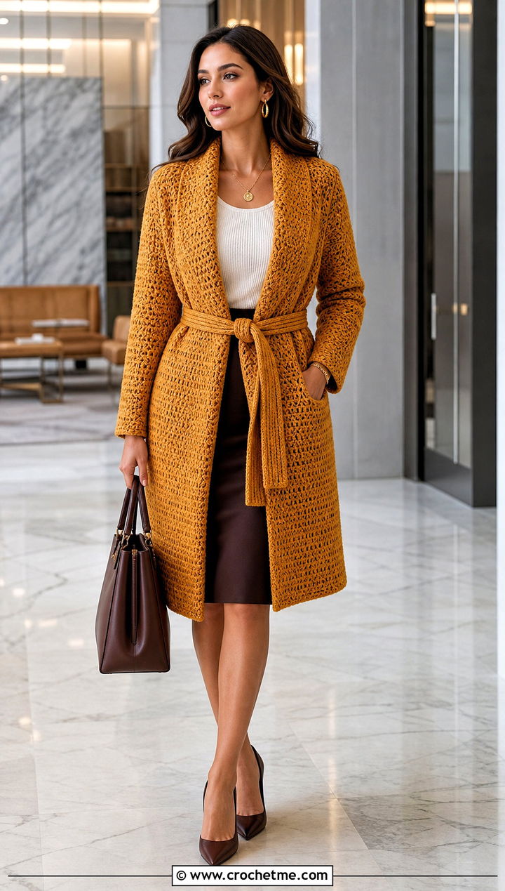 Belted Crochet Wrap Coat With a Pencil Skirt - 15 stylish crochet coat design outfit ideas