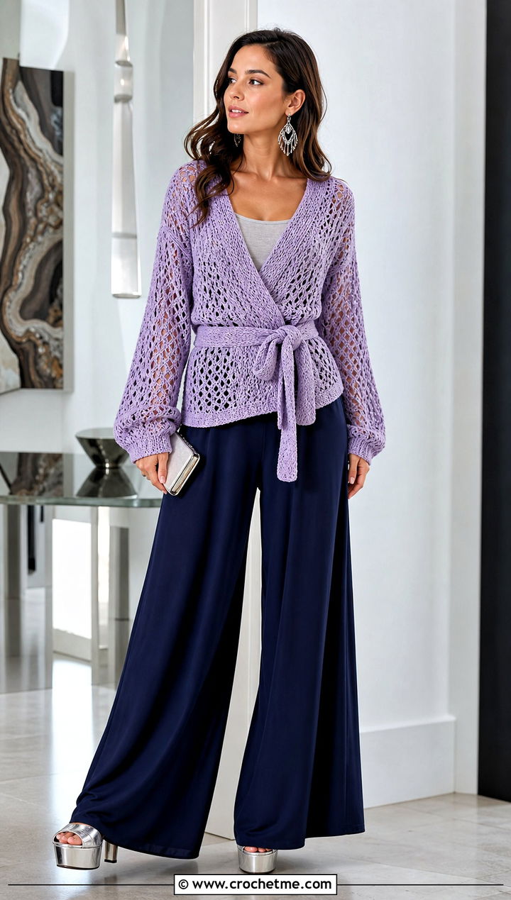 Belted Crochet Wrap Sweater With Palazzo Pants - 15 Crochet Sweater 70S outfit ideas