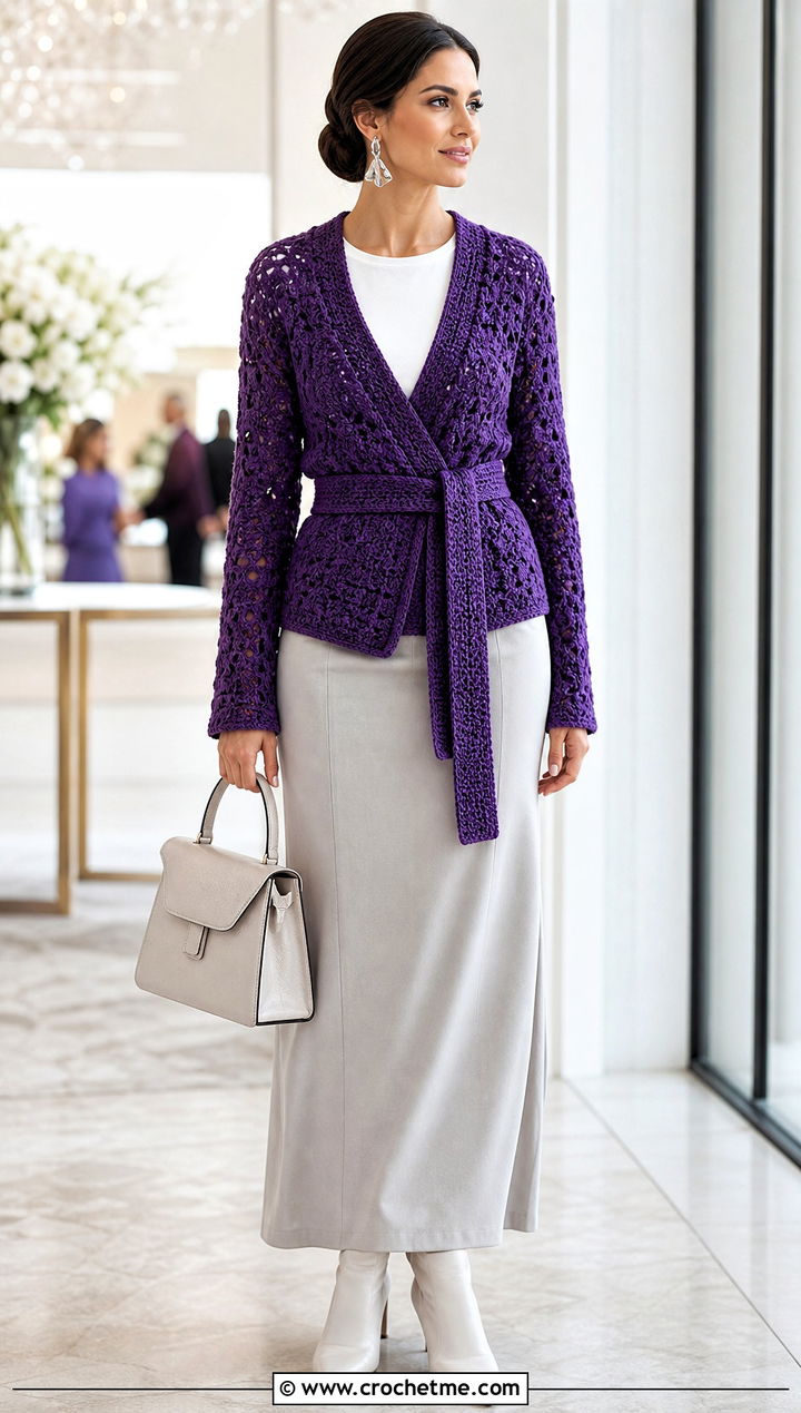 Belted Crochet Wrap Sweater With Tailored Maxi Skirt - 35 crochet wrap sweater outfit ideas