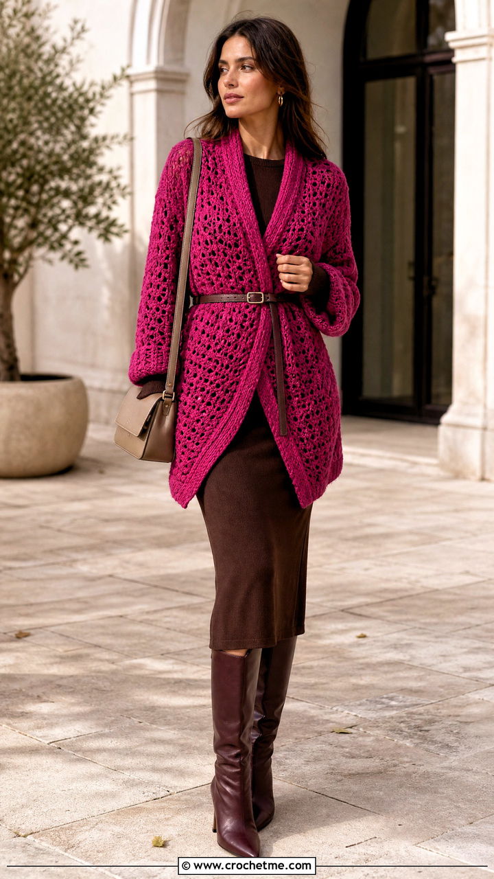 Belted Crochet Wrap With Knit Dress - 35 crochet shawls and wraps outfit ideas