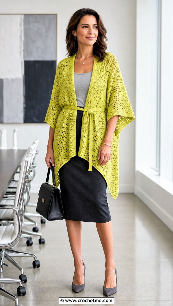Belted Crocheted Ruana With Pencil Skirt - 20 Crocheted Ruana outfit ideas