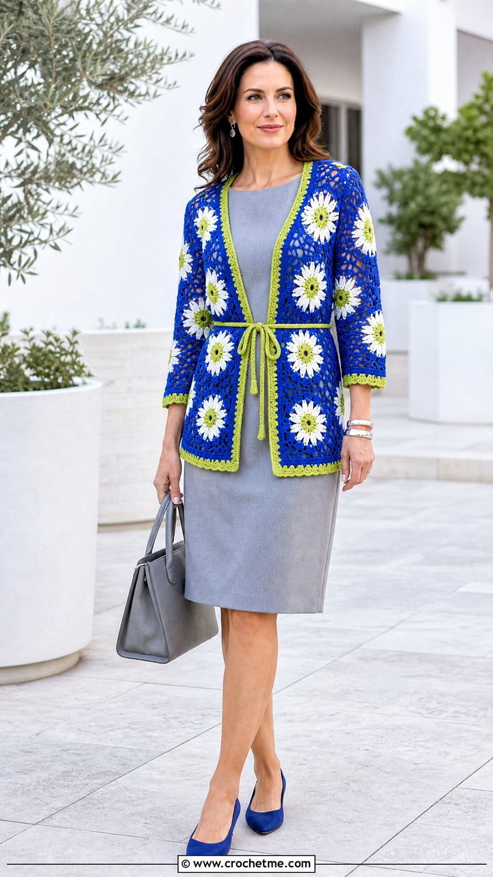 Belted Daisy Cardigan With Knee Length Dress - 35 Crochet Daisy Cardigan outfit ideas