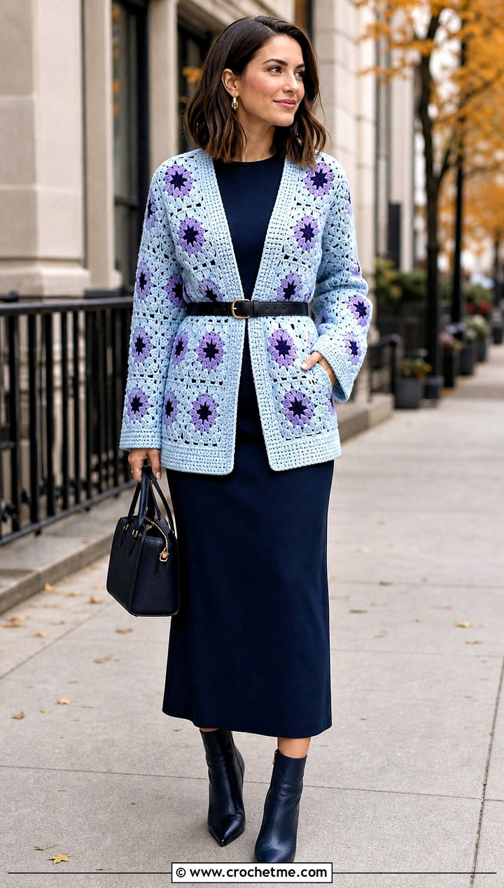 Belted Daisy Granny Square Cardigan With Midi Dress - 25 Daisy Granny Square Cardigan outfit ideas