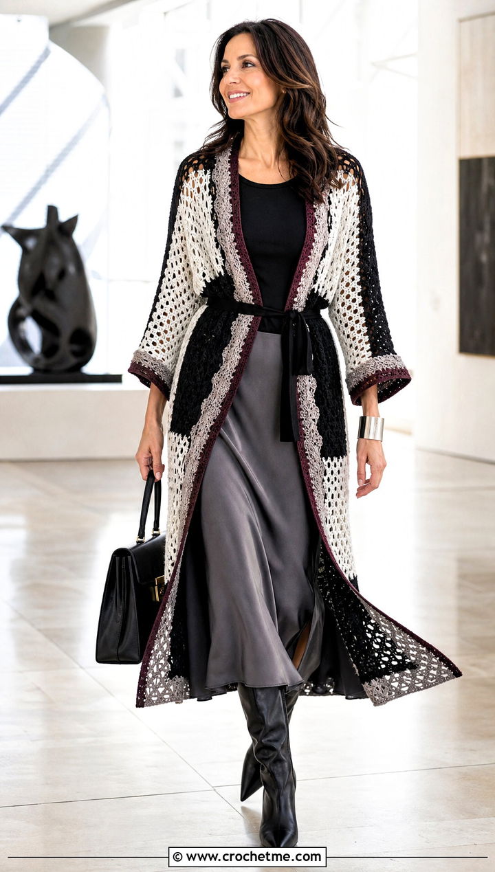 Belted Duster Crochet Cardigan With Satin Midi Skirt - 25 Black White Crochet Cardigan outfit ideas