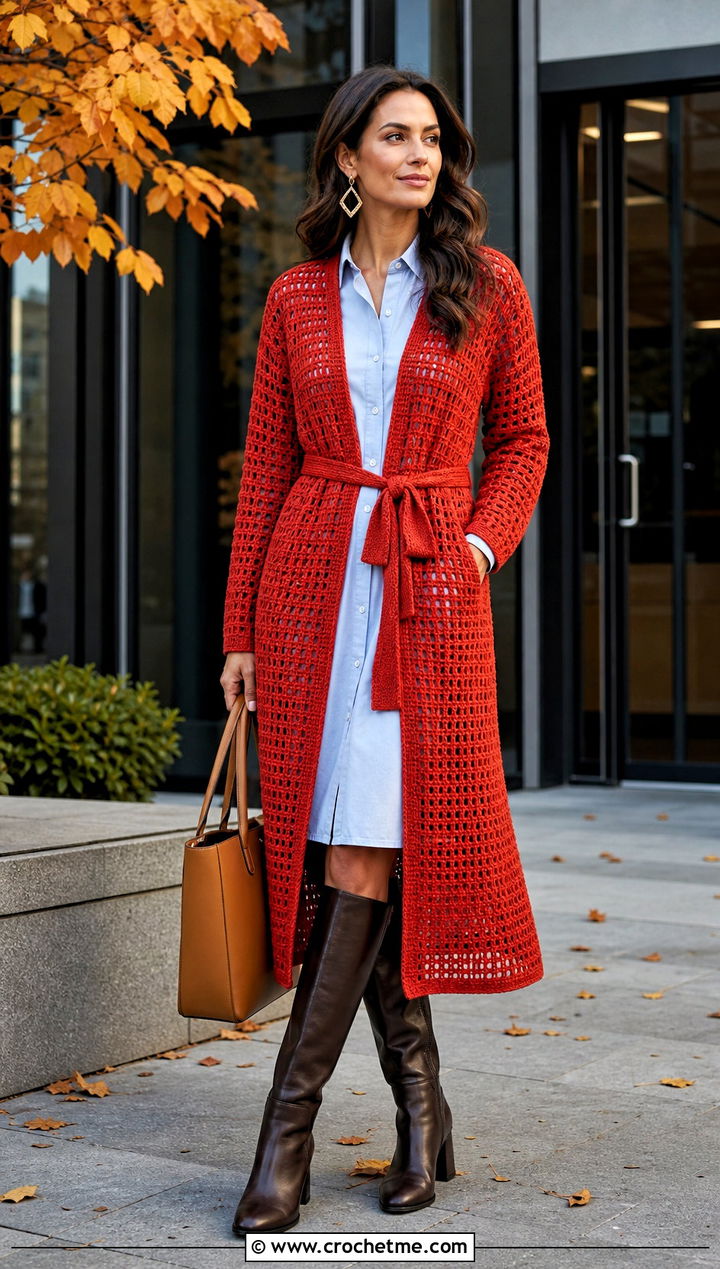 Belted Duster Crochet Cardigan With Shirt Dress - 15 Crochet Cardigan Fall Fashion and outfit ideas