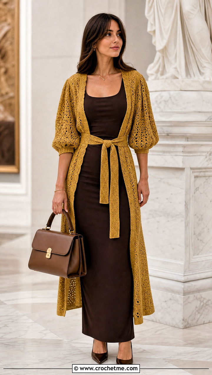 Belted Duster Puff Sleeve Crochet Cardigan With Column Dress - 25 Puff Sleeve Crochet Cardigan outfit ideas