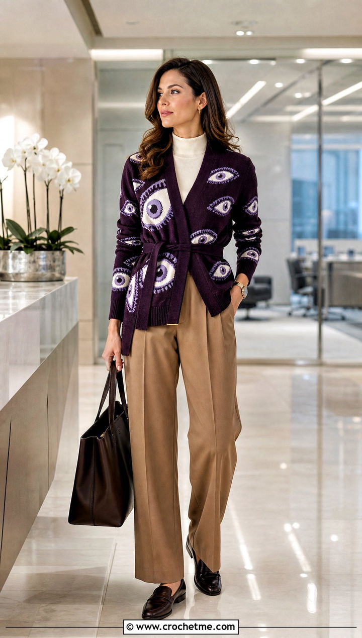 Belted Eyeball Cardigan With Pleated Trousers - 15 Crochet Eyeball Cardigan outfit ideas