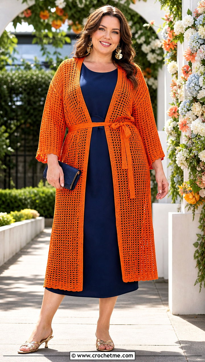 Belted Filet Crochet Duster With a Column Dress - 25 filet crochet cardigan outfit ideas