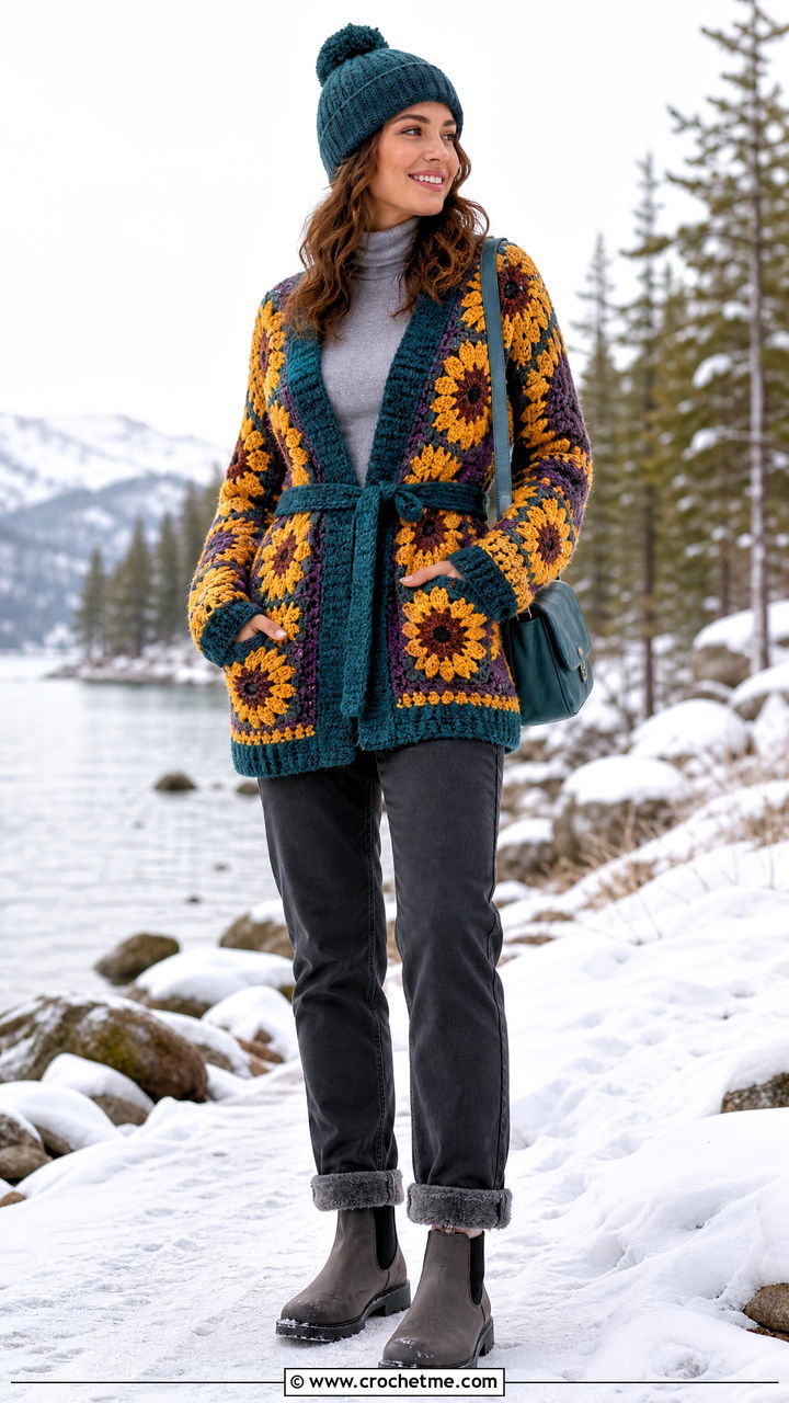 Belted Floral Granny Square Cardigan With Thermal Layers - 35 crochet patchwork cardigan outfit ideas