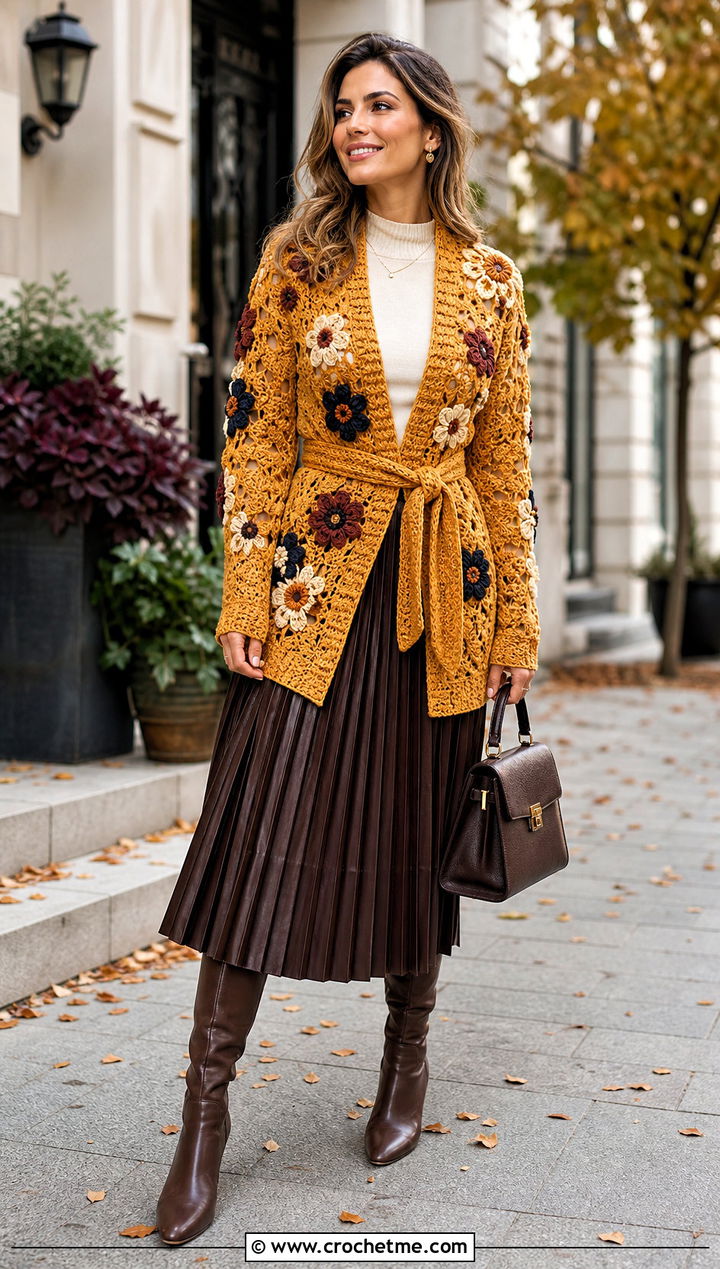 Belted Flower Cardigan With Pleated Midi Skirt - 30 crochet flower cardigan outfit ideas