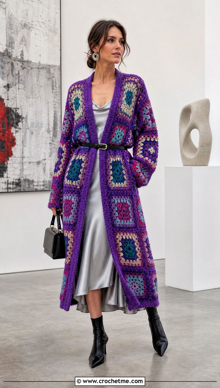 Belted Giant Granny Square Cardigan With Satin Slip Dress - 35 giant granny square cardigan outfit ideas