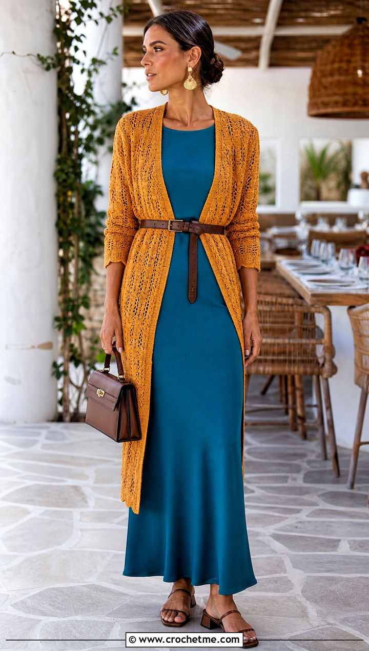Belted Gold Crochet Cardigan With Column Maxi Dress - 15 gold crochet cardigan outfit ideas