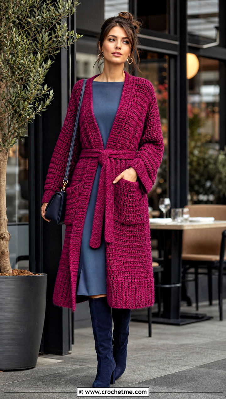 Belted Grandpa Crochet Cardigan With Column Dress - 15 Grandpa Crochet Sweater outfit ideas