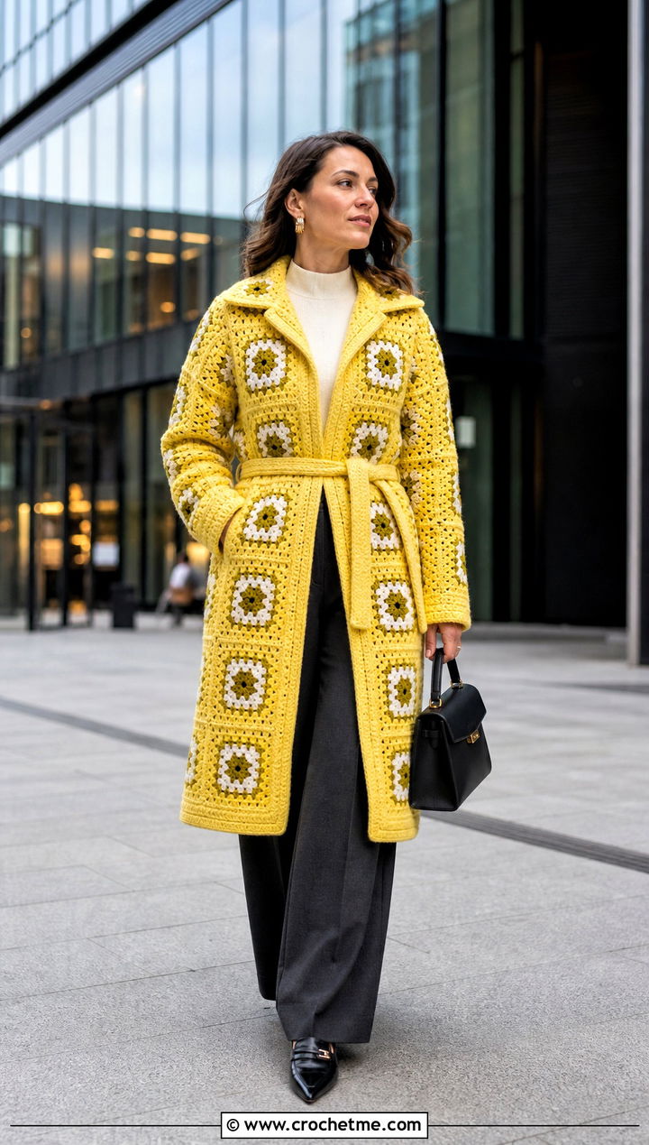 Belted Granny Square Car Coat With Tailored Trousers - 15 Granny Square Car Coat outfit ideas
