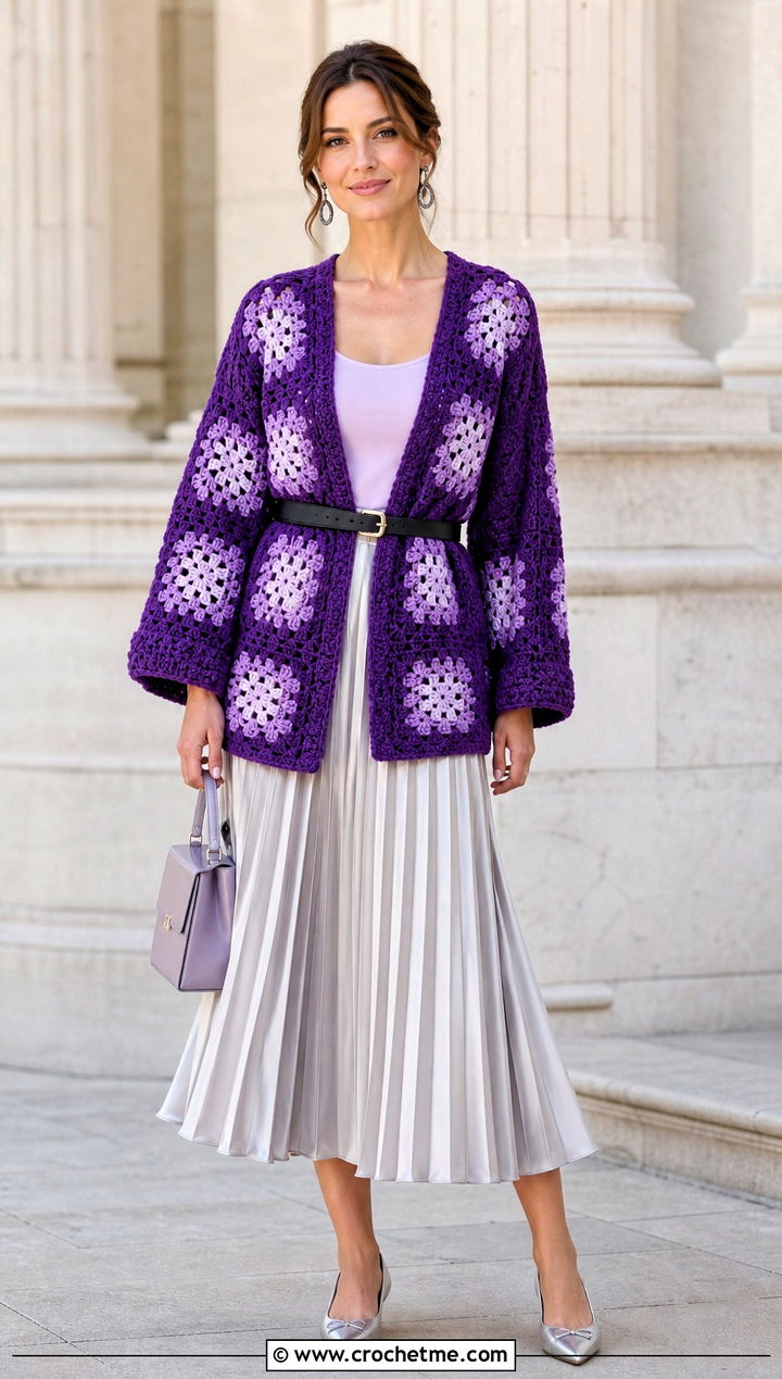 Belted Granny Square Cardigan With A Pleated Midi Skirt - 20 boho granny square cardigan outfit ideas