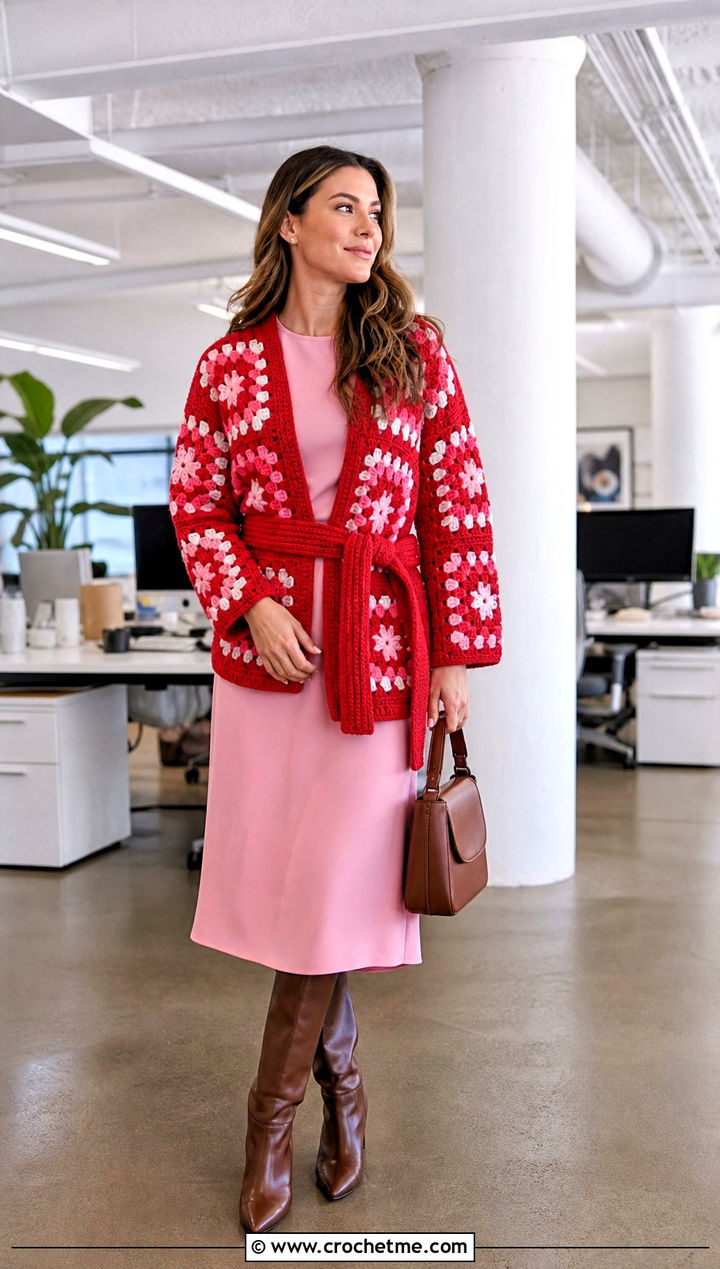 Belted Granny Square Cardigan With Column Dress - 15 Womens Granny Square Cardigan outfit ideas