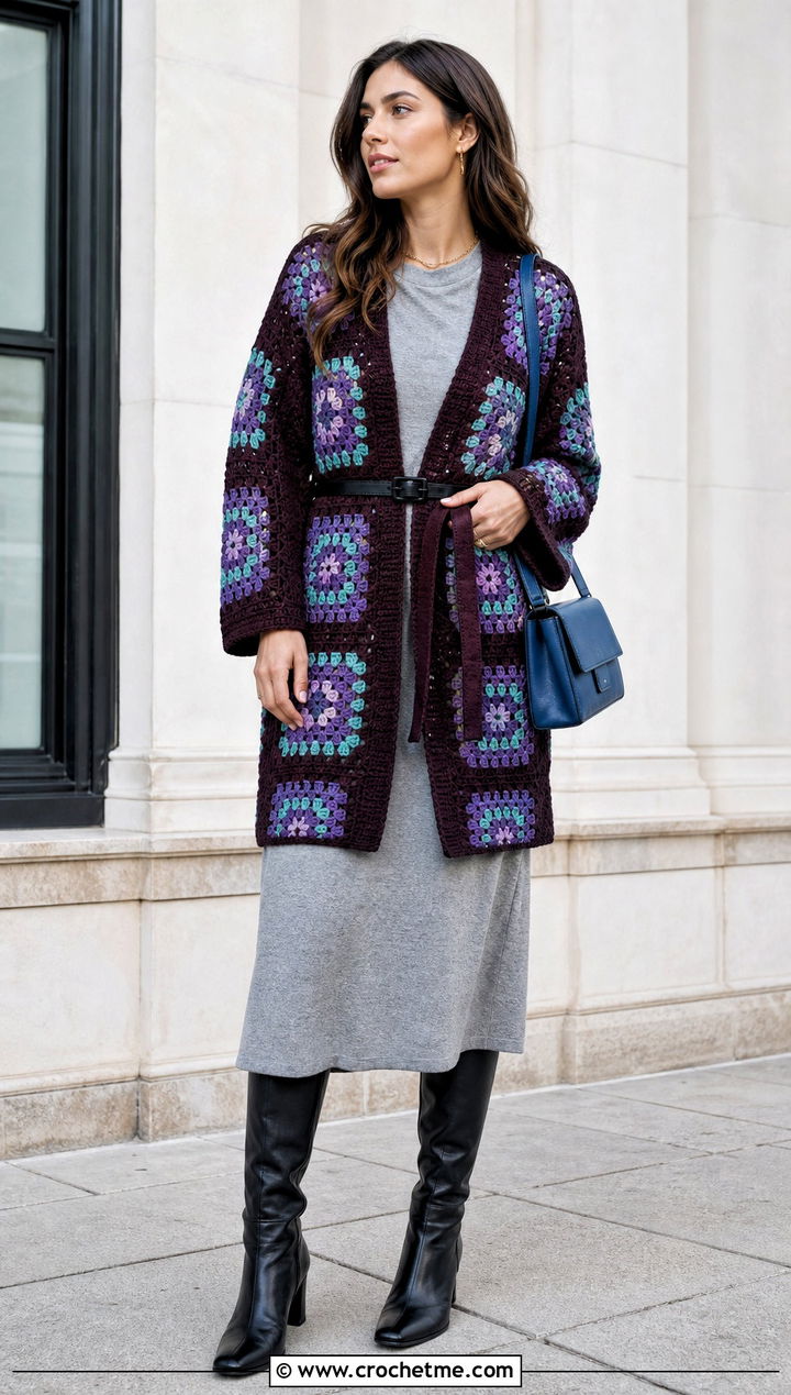 Belted Granny Square Cardigan With Jersey Midi Dress - 15 Everyday Granny Square Cardigan outfit ideas