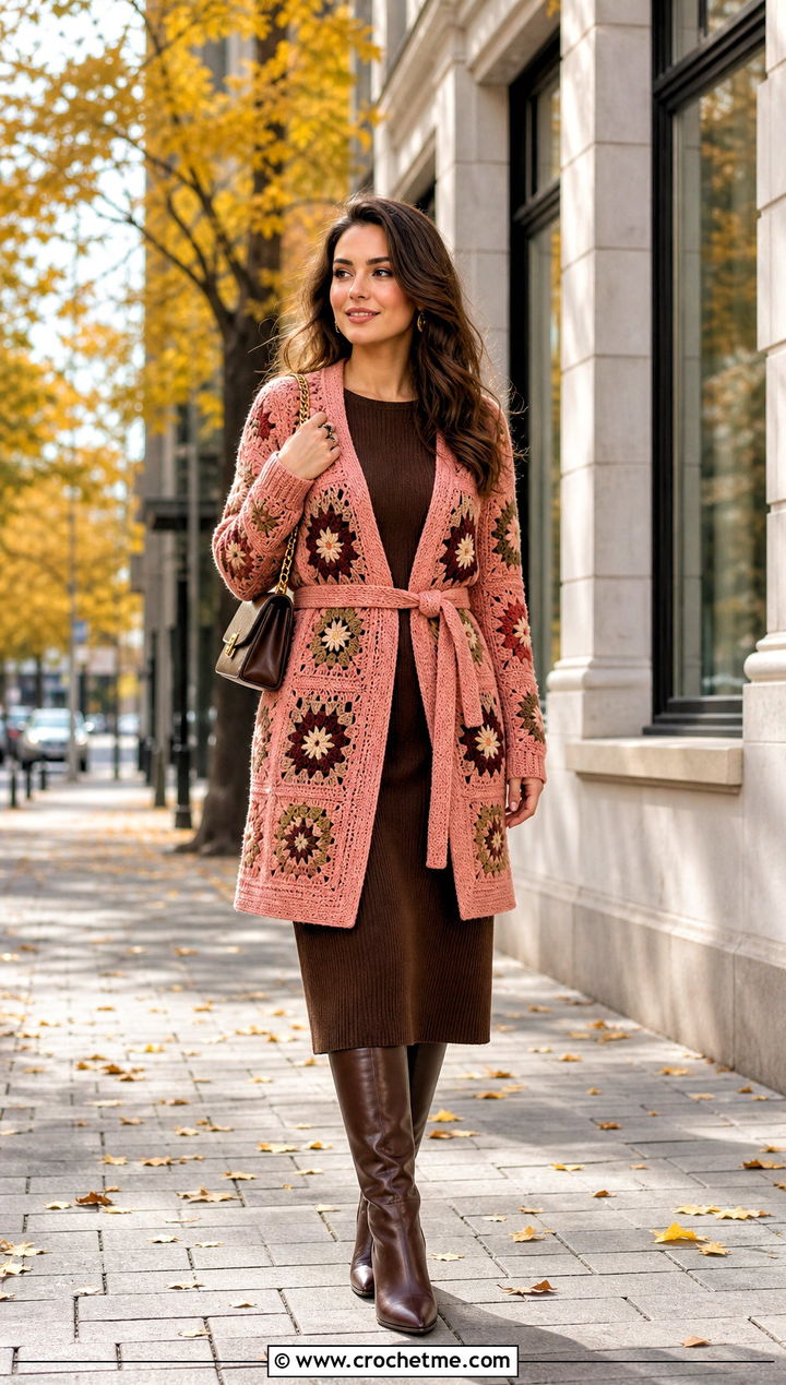 Belted Granny Square Cardigan With Knit Dress - 25 granny crochet sweater outfit ideas