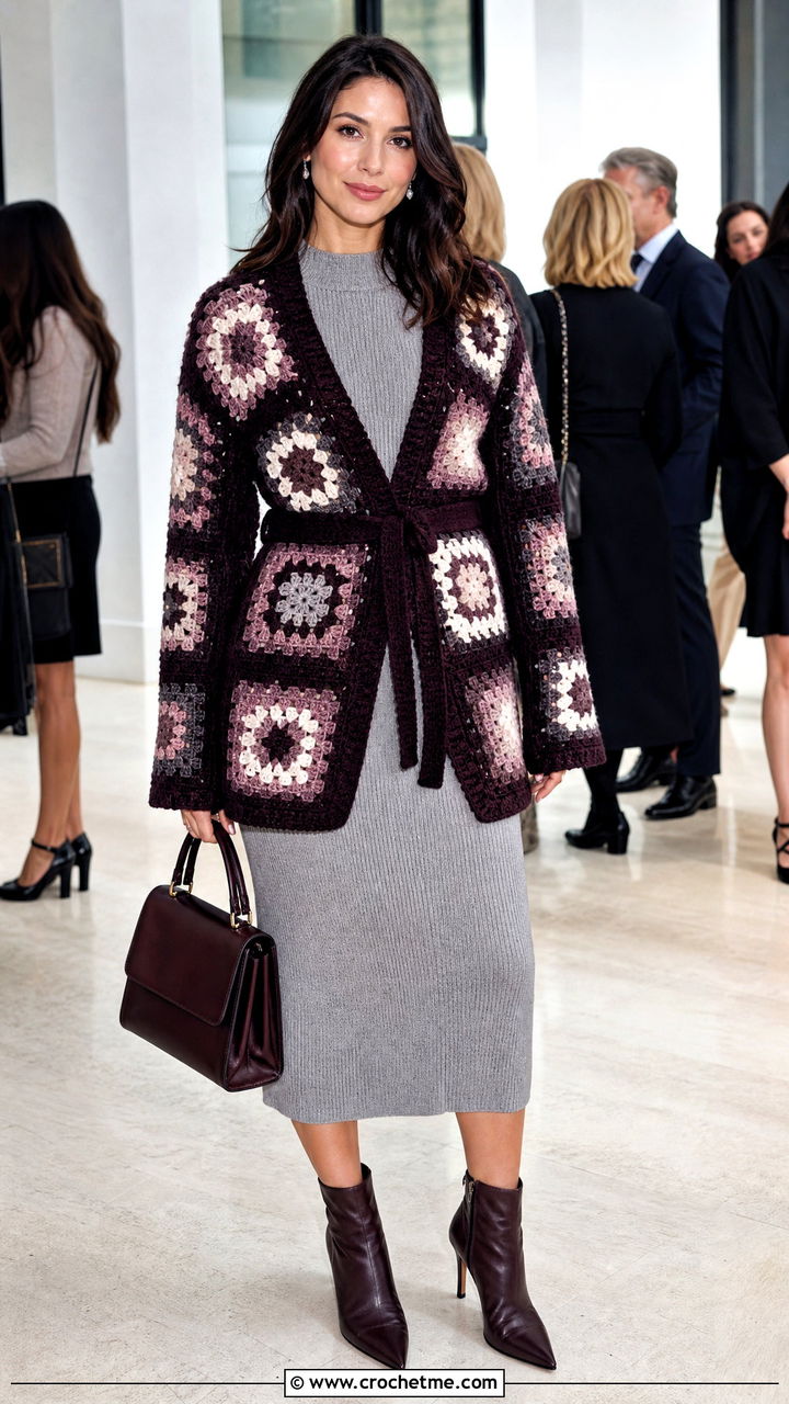 Belted Granny Square Cardigan With Midi Dress - 35 granny square sweater outfit ideas