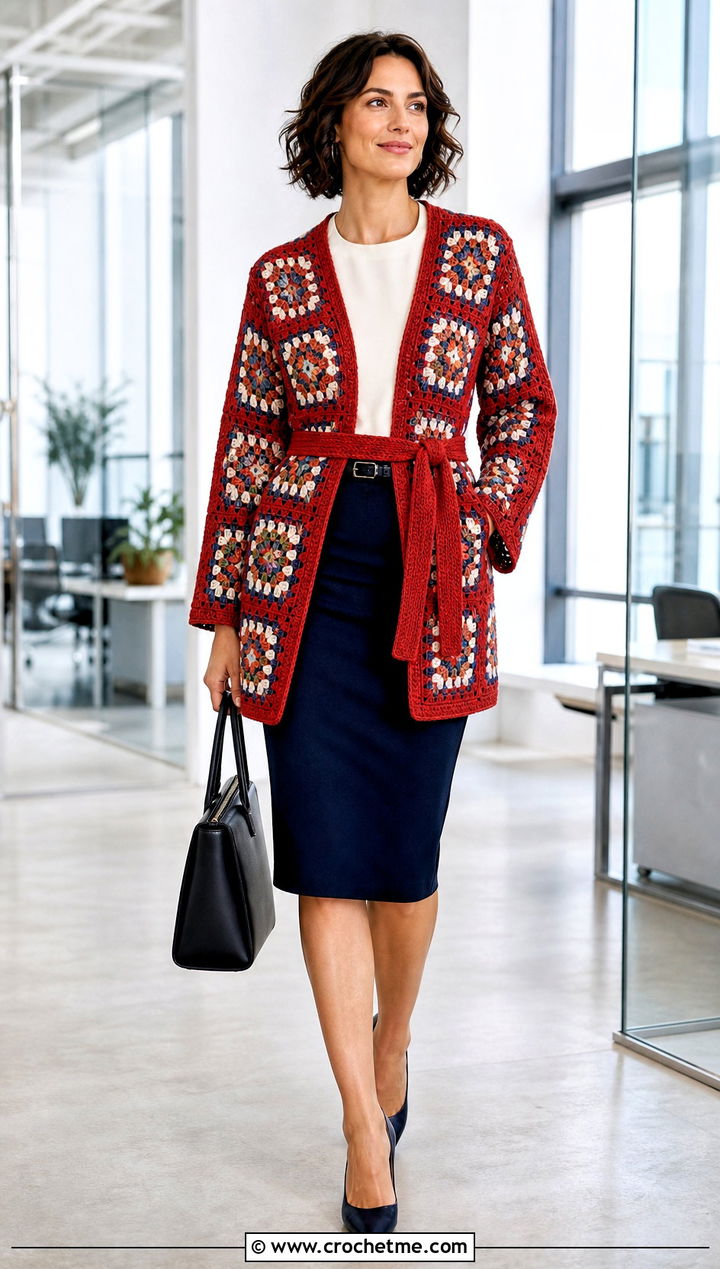 Belted Granny Square Cardigan With Pencil Skirt - 30 granny squares cardigan outfit ideas