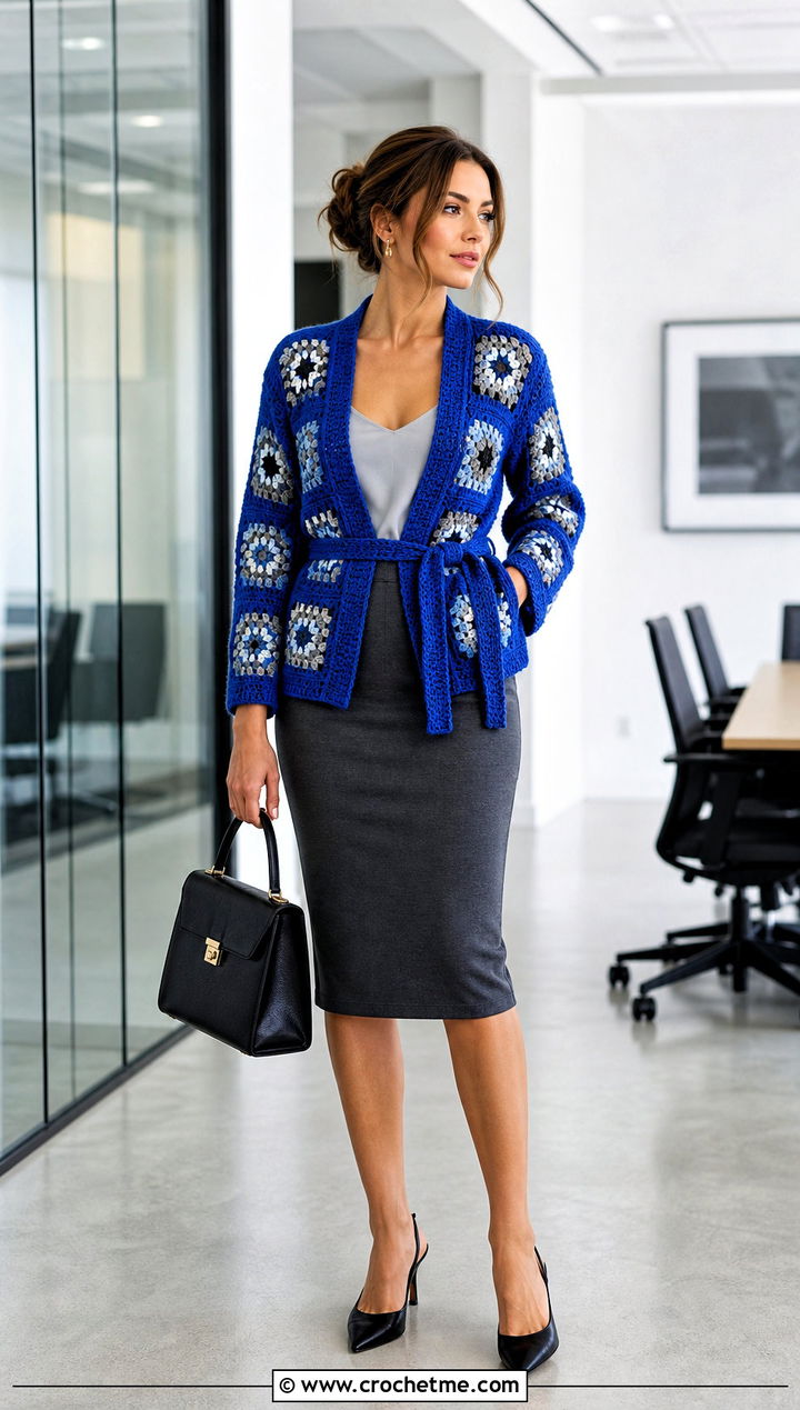 Belted Granny Square Cardigan With Pencil Skirt - 35 granny square crochet cardigan jacket outfit ideas