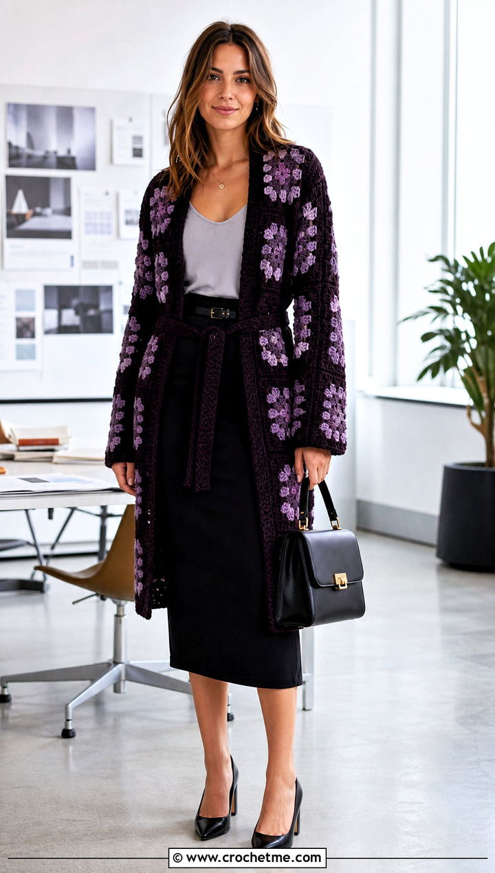 Belted Granny Square Cardigan With Pencil Skirt - 25 For Granny Square Cardigan outfit ideas