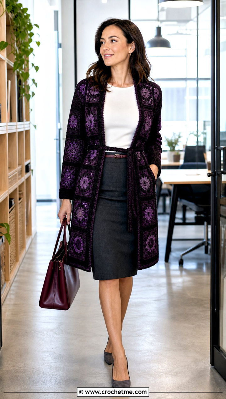 Belted Granny Square Cardigan With Pencil Skirt - 25 One Granny Square Cardigan outfit ideas
