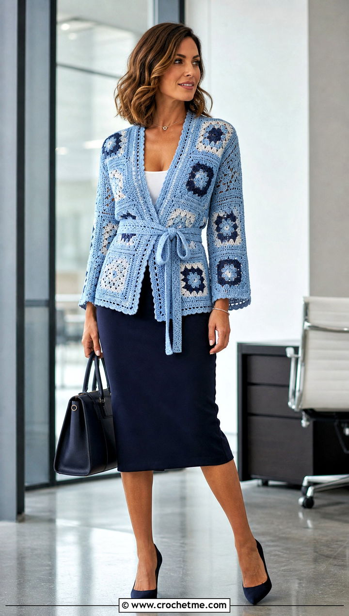 Belted Granny Square Cardigan With Pencil Skirt - 20 Grant Square Crochet Cardigan outfit ideas