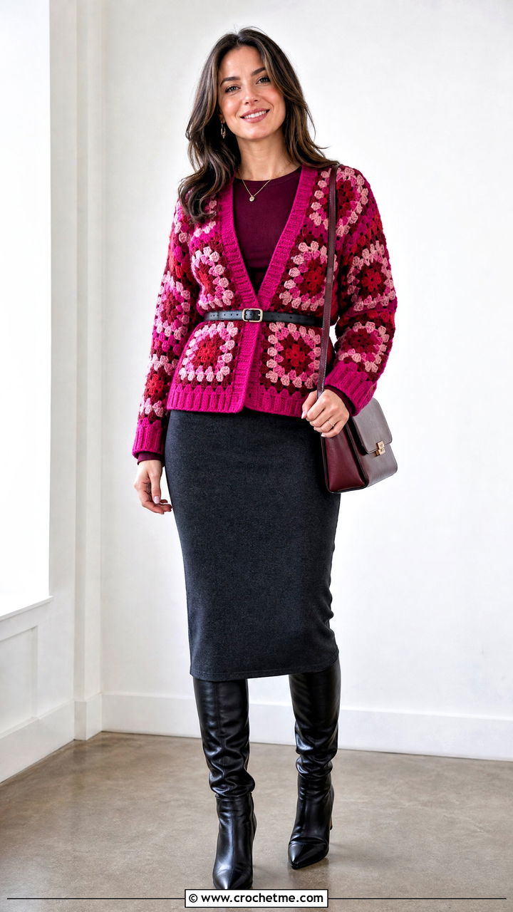 Belted Granny Square Cardigan With Pencil Skirt And Boots - 35 crochet granny square cardigan outfit ideas