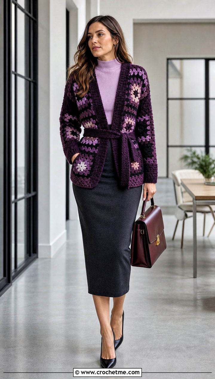 Belted Granny Square Cardigan With Pencil Skirt - 30 crochet granny squares cardigan outfit ideas