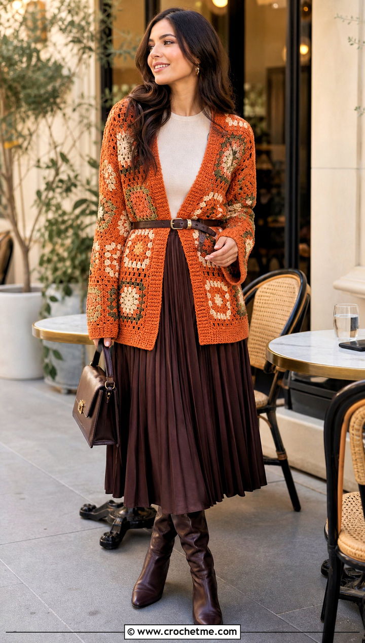 Belted Granny Square Cardigan With Pleated Midi Skirt - 20 Crochet Fall Granny Square Cardigan outfit ideas