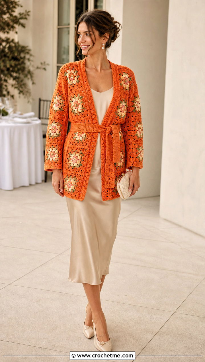 Belted Granny Square Cardigan With Satin Midi Skirt - 15 originally lovely granny square cardigan outfit ideas