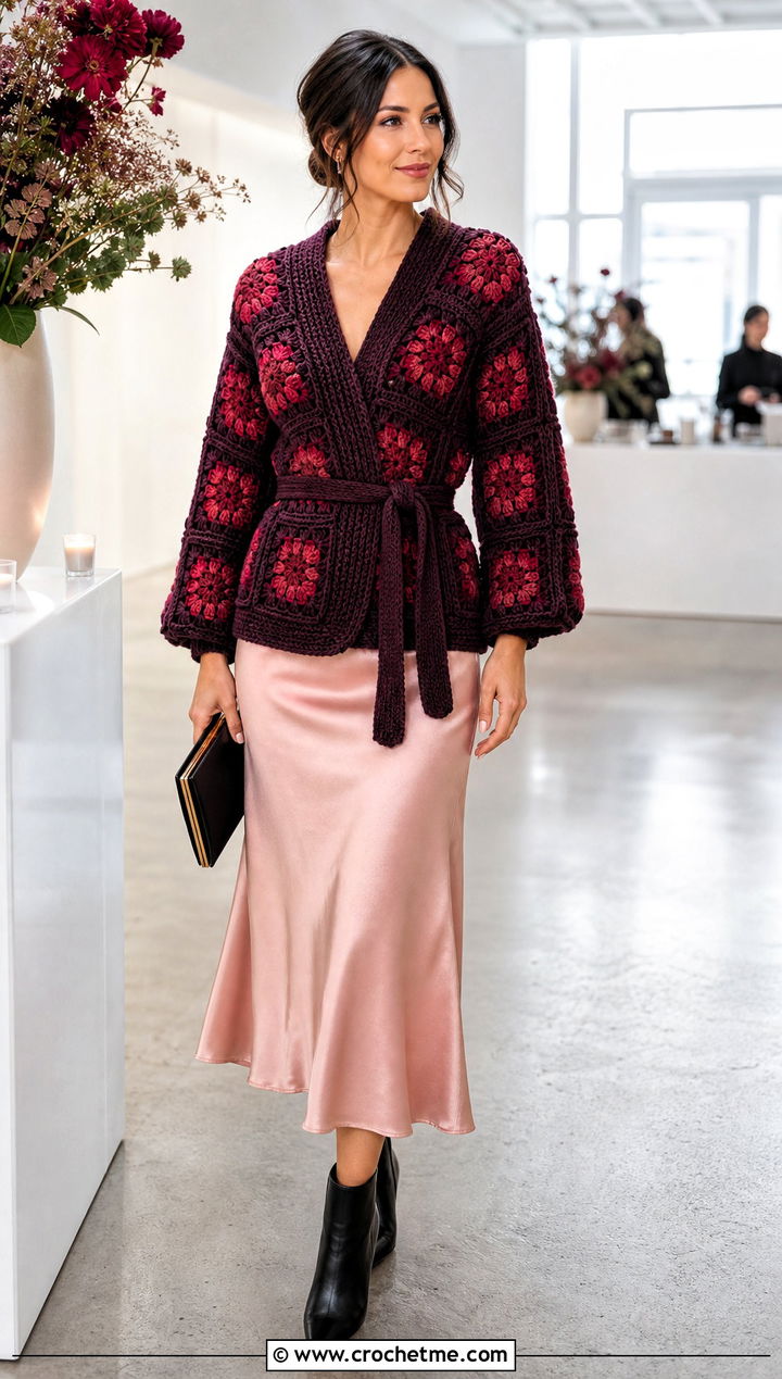 Belted Granny Square Cardigan With Satin Midi Skirt - 30 cardigan with granny square outfit ideas