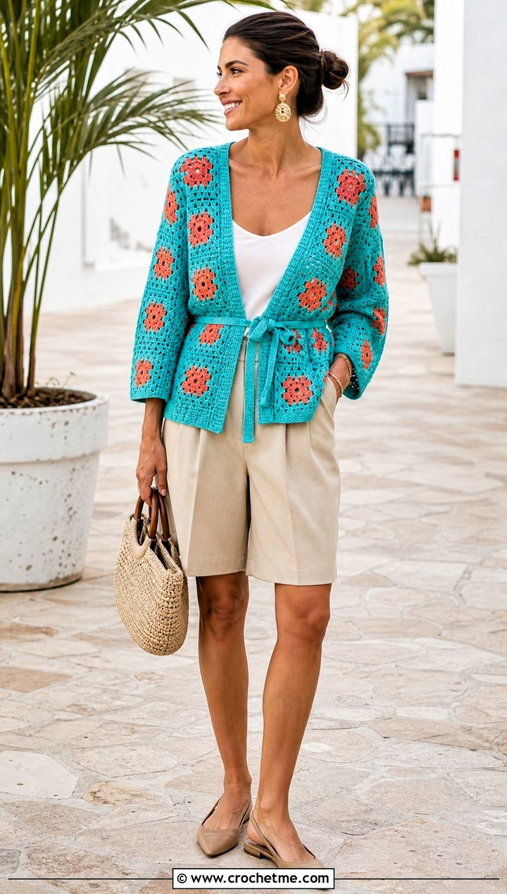 Belted Granny Square Cardigan With Tailored Shorts - 15 Granny Square Cardigan Sweaters & Cardigans outfit ideas